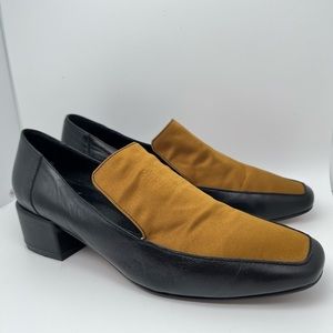 Intentionally Blank TAJ LOAFER, gold satin and black leather, size 9